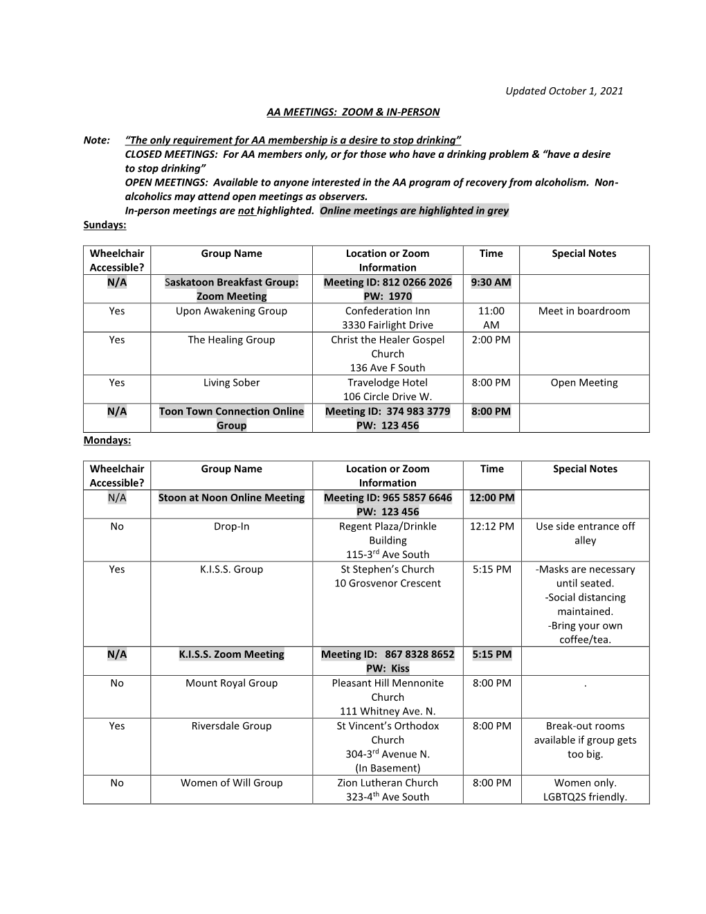 Updated August 27, 2021 AA MEETINGS: ZOOM & IN-PERSON Note