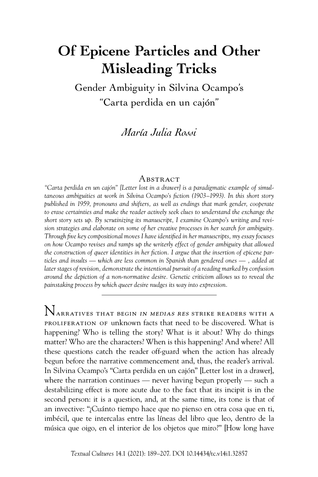 Of Epicene Particles and Other Misleading Tricks Gender Ambiguity in Silvina Ocampo’S “Carta Perdida En Un Cajón”