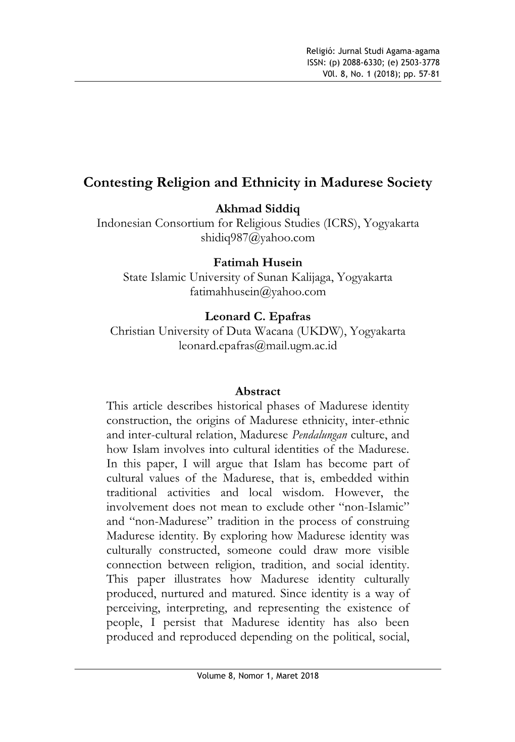 Contesting Religion and Ethnicity in Madurese Society
