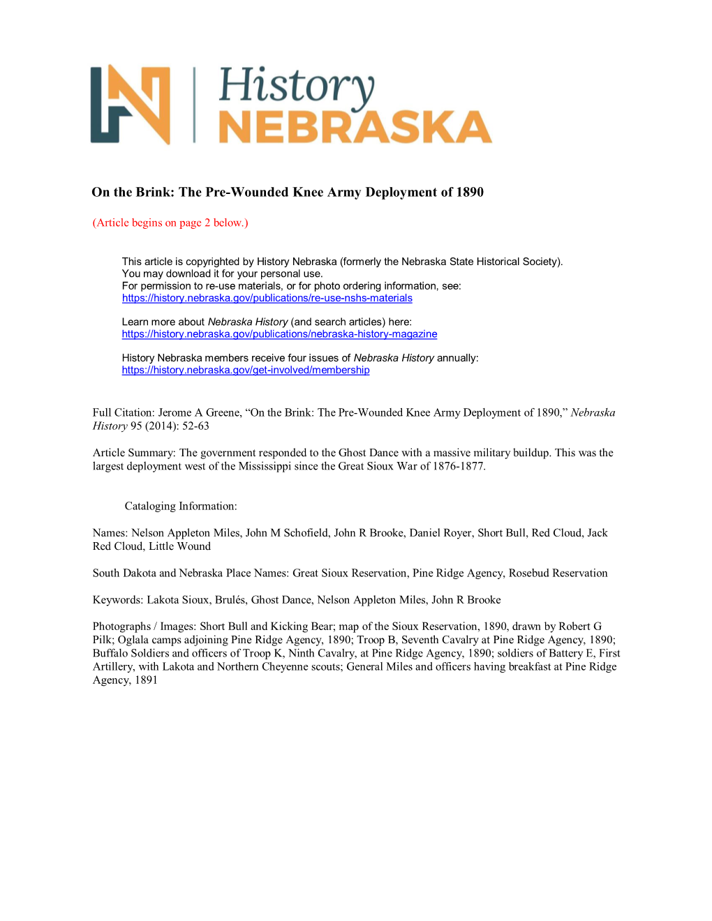 On the Brink: the Pre-Wounded Knee Army Deployment of 1890