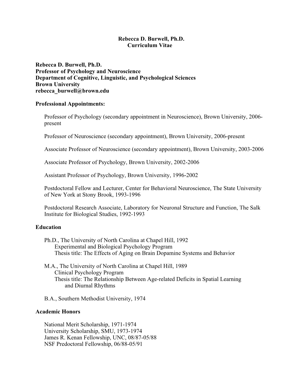 Rebecca D. Burwell, Ph.D. Curriculum Vitae