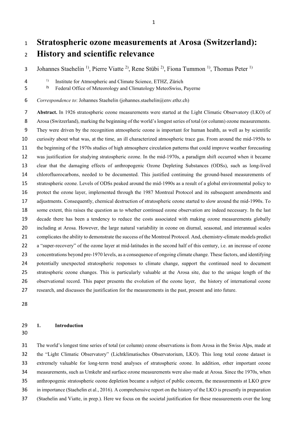 Stratospheric Ozone Measurements at Arosa (Switzerland): History And