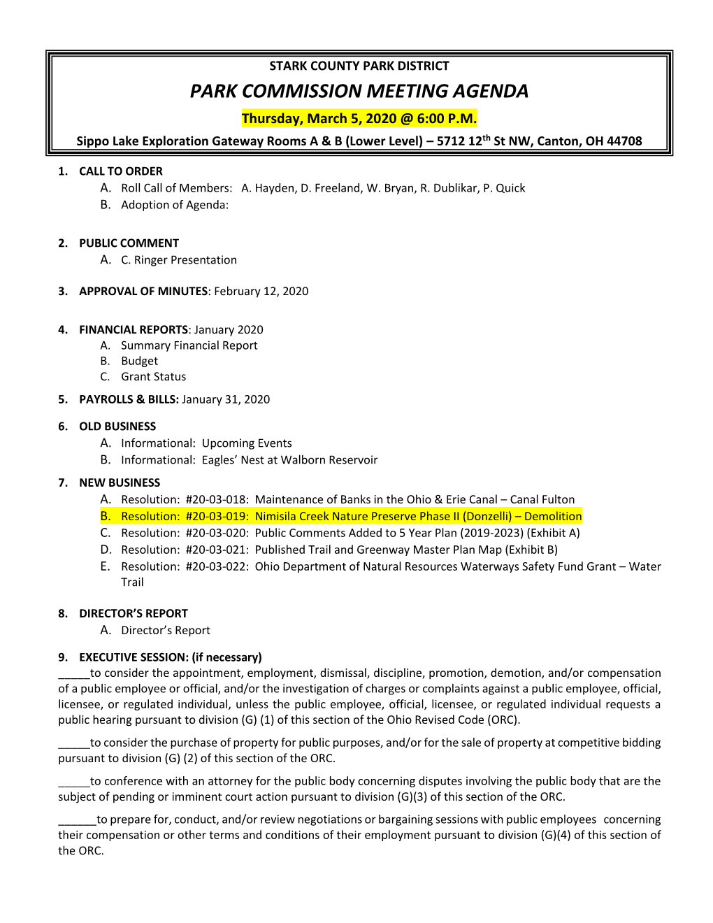 PARK COMMISSION MEETING AGENDA Thursday, March 5, 2020 @ 6:00 P.M