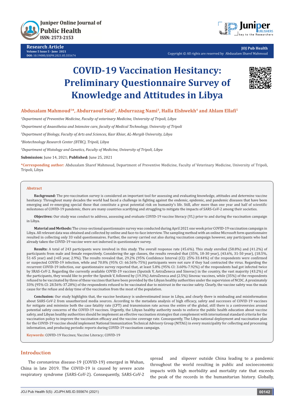 COVID-19 Vaccination Hesitancy: Preliminary Questionnaire Survey of Knowledge and Attitudes in Libya