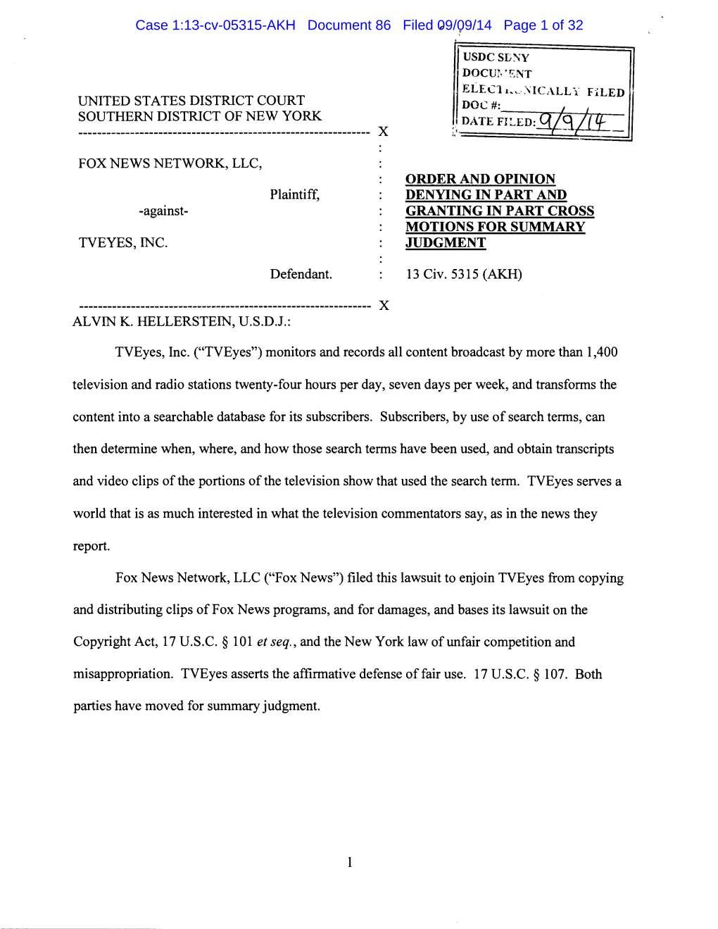 Against- TVEYES, INC. Defendant