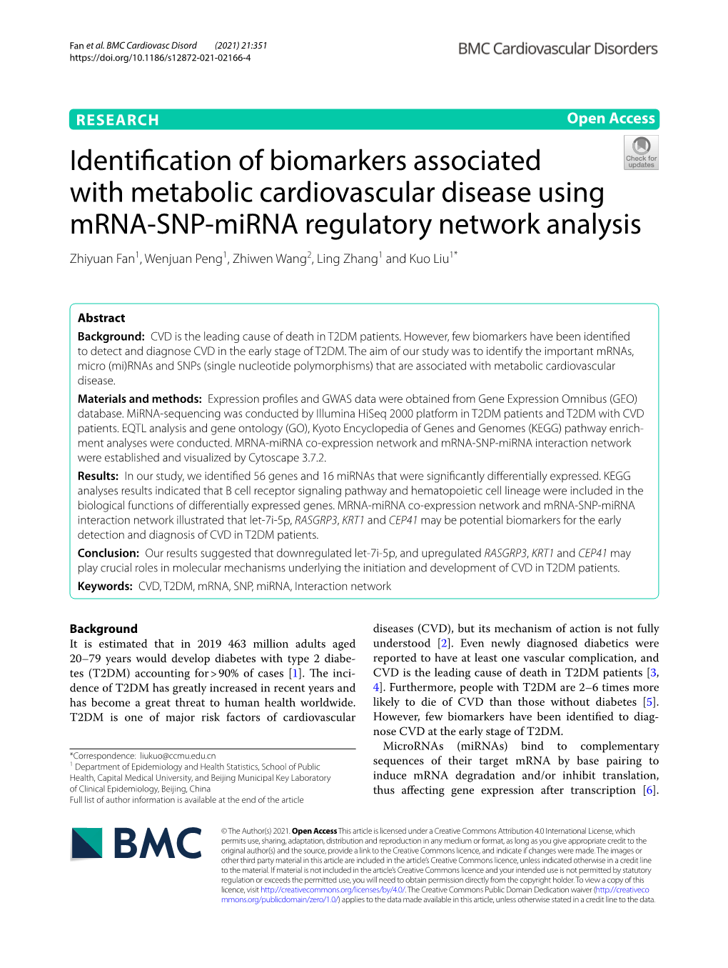 Identification of Biomarkers Associated with Metabolic Cardiovascular Disease Using Mrna-SNP-Mirna Regulatory Network Analysis