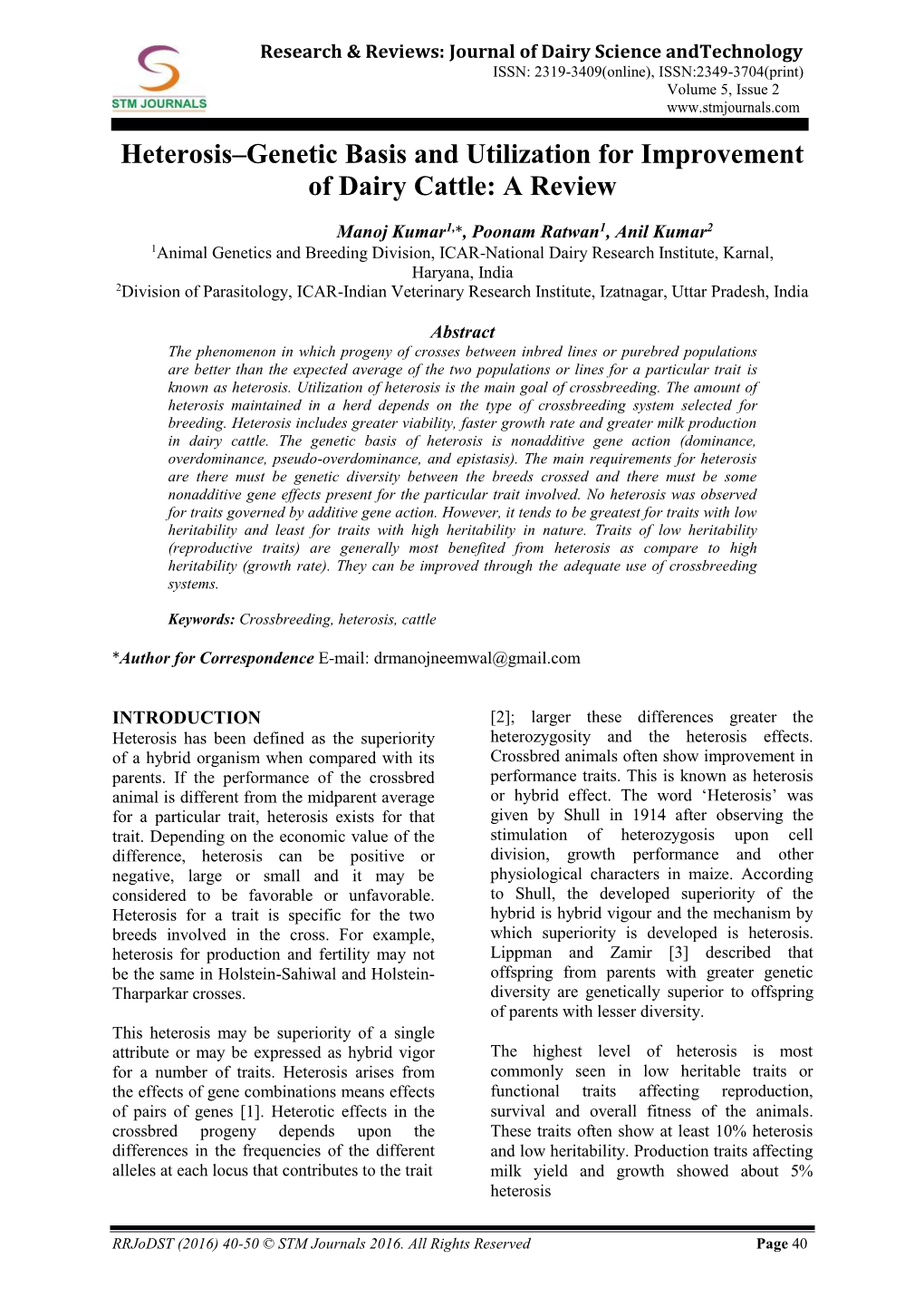 Heterosis–Genetic Basis and Utilization for Improvement of Dairy Cattle: a Review