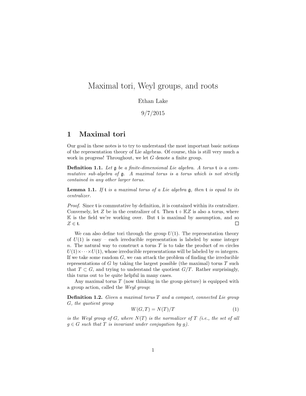 Maximal Tori, Weyl Groups, and Roots