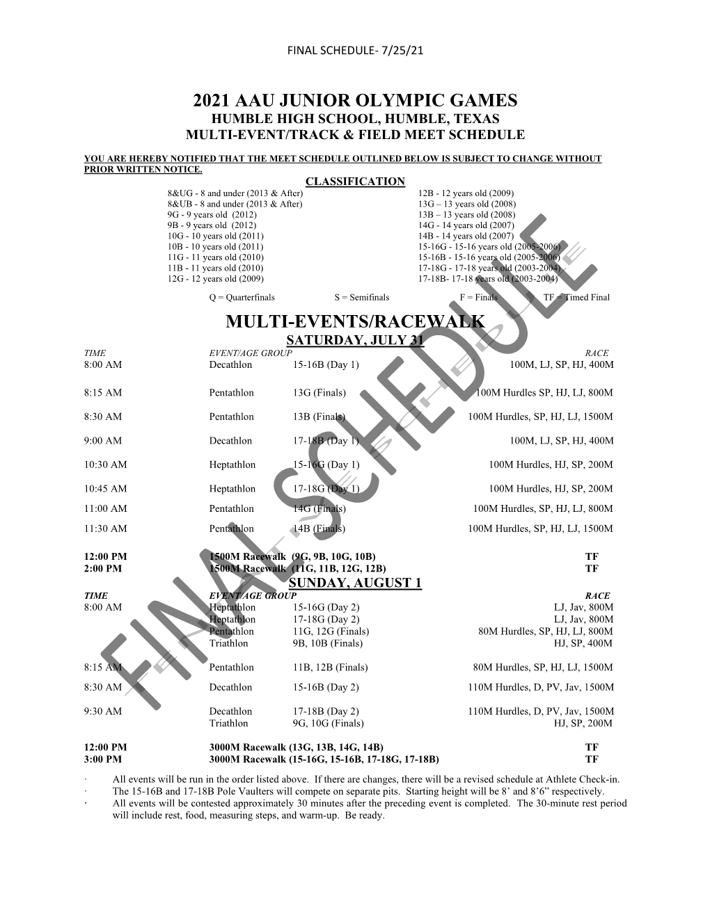 2021 Aau Junior Olympic Games Multi-Events/Racewalk