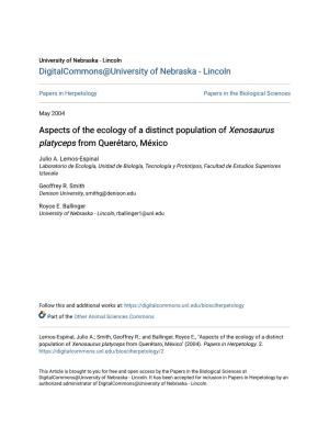 Aspects of the Ecology of a Distinct Population of Xenosaurus Platyceps from Querétaro, México