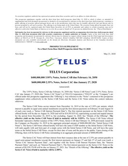 TELUS Corporation $400,000,000 3.95% Notes, Series CAB Due February 16, 2050 $600,000,000 2.35% Notes, Series CAC Due January 27, 2028