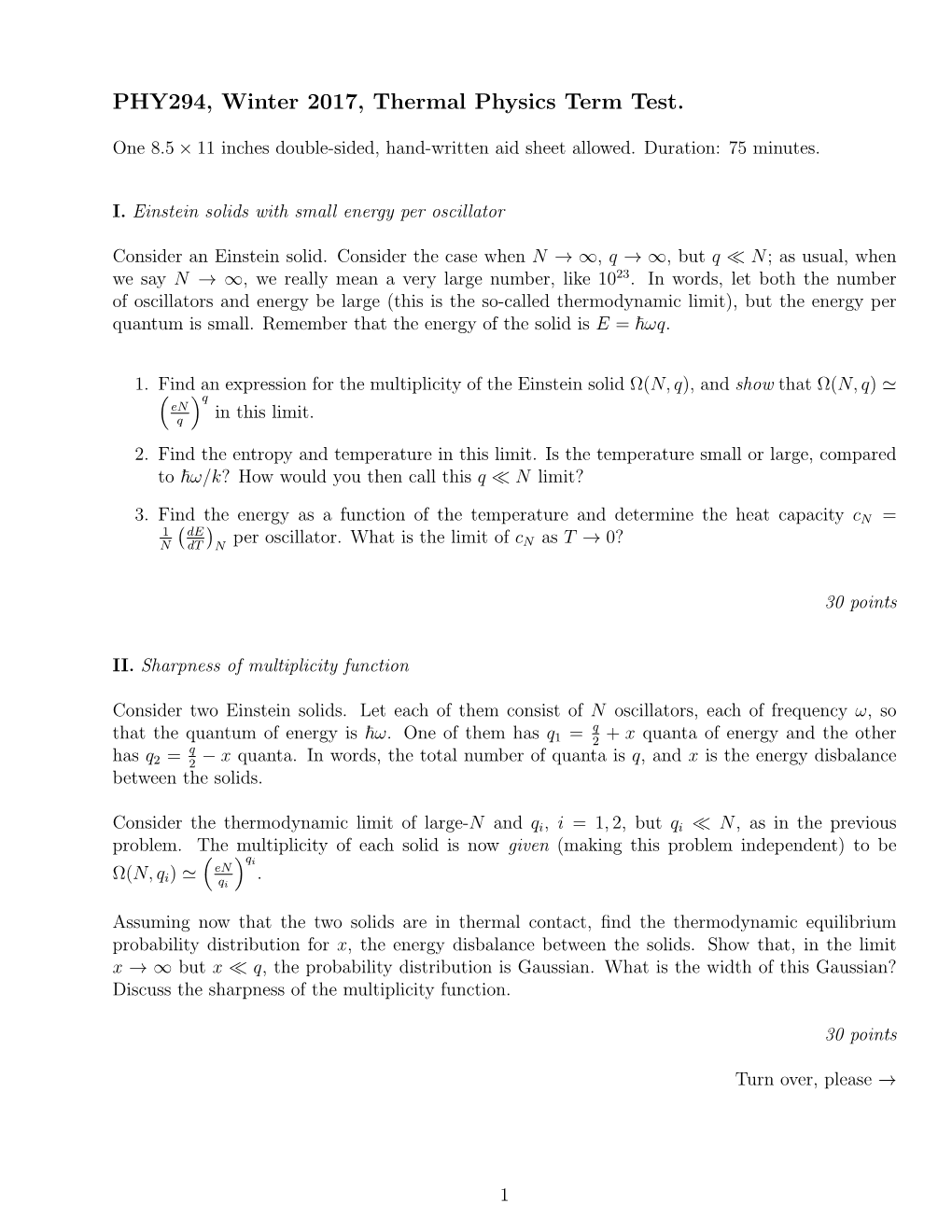 PHY294, Winter 2017, Thermal Physics Term Test