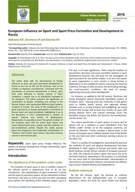 European Influence on Sport and Sport Press Formation and Development in Russia Alekseev KA*, Gromova LP and Silantev KV
