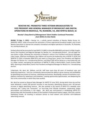 Nexstar Inc. Promotes Three Veteran Broadcasters To