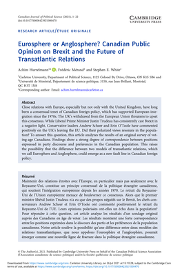 Eurosphere Or Anglosphere? Canadian Public Opinion on Brexit and the Future of Transatlantic Relations