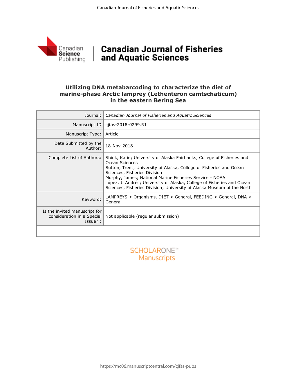 Utilizing DNA Metabarcoding to Characterize the Diet of Marine-Phase Arctic Lamprey (Lethenteron Camtschaticum) in the Eastern Bering Sea