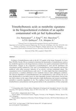 Trimethylbenzoic Acids As Metabolite Signatures in the Biogeochemical Evolution of an Aquifer Contaminated with Jet Fuel Hydrocarbons