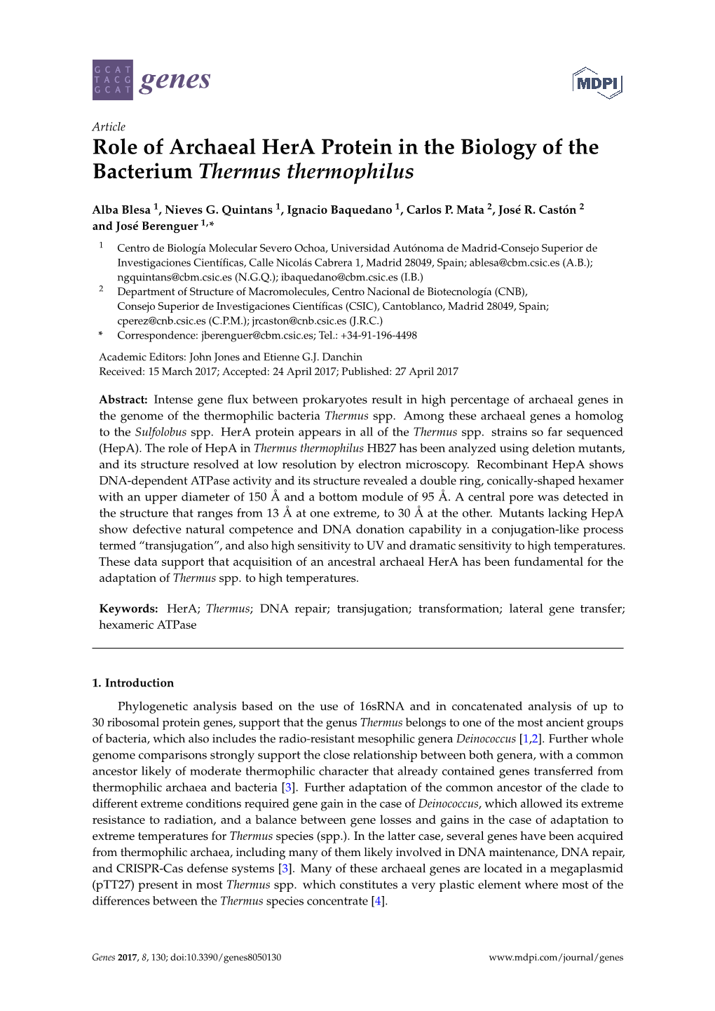 Role of Archaeal Hera Protein in the Biology of the Bacterium Thermus Thermophilus