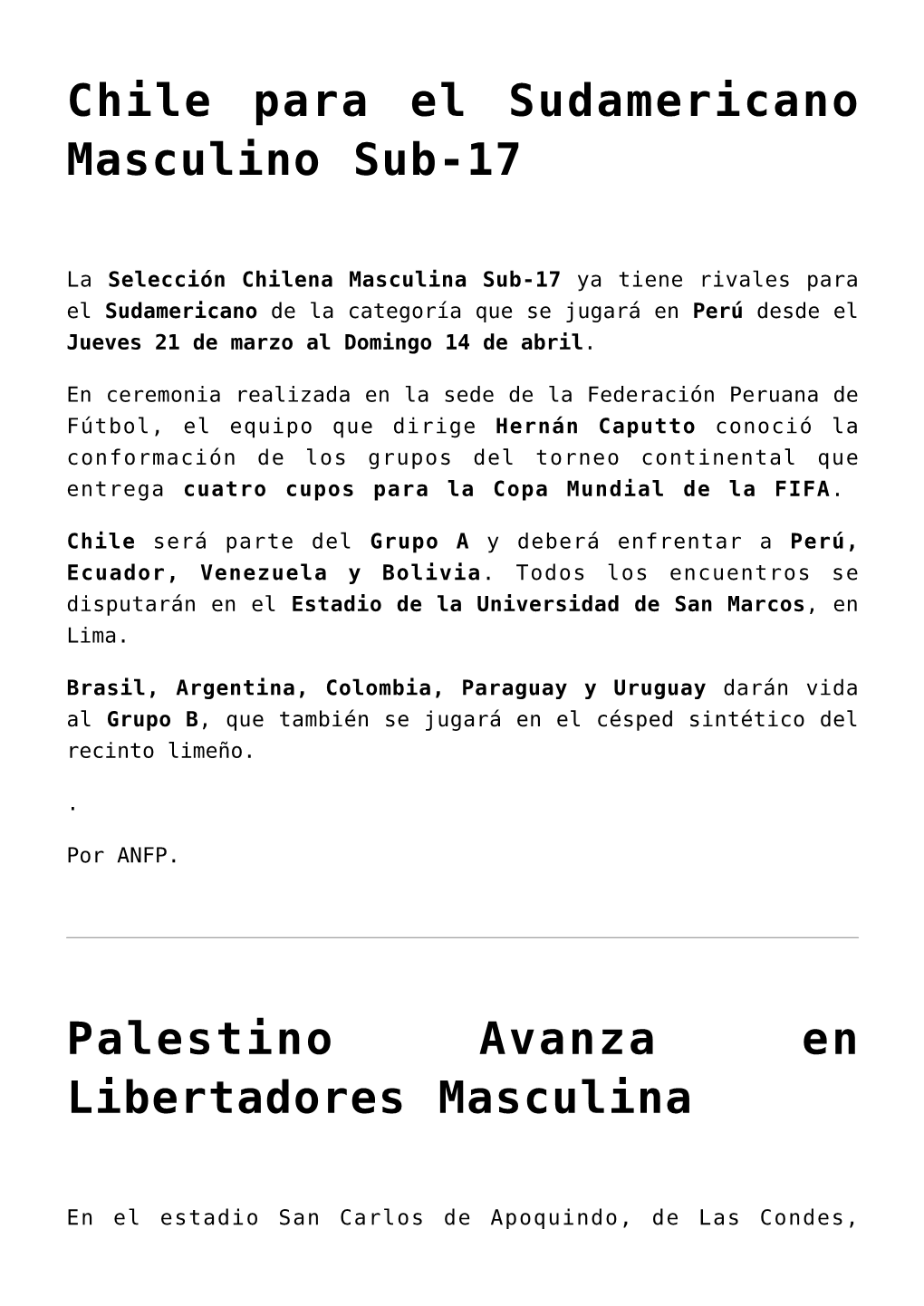 Palestino Avanza En Libertadores Masculina,Chile Quedando Fuera