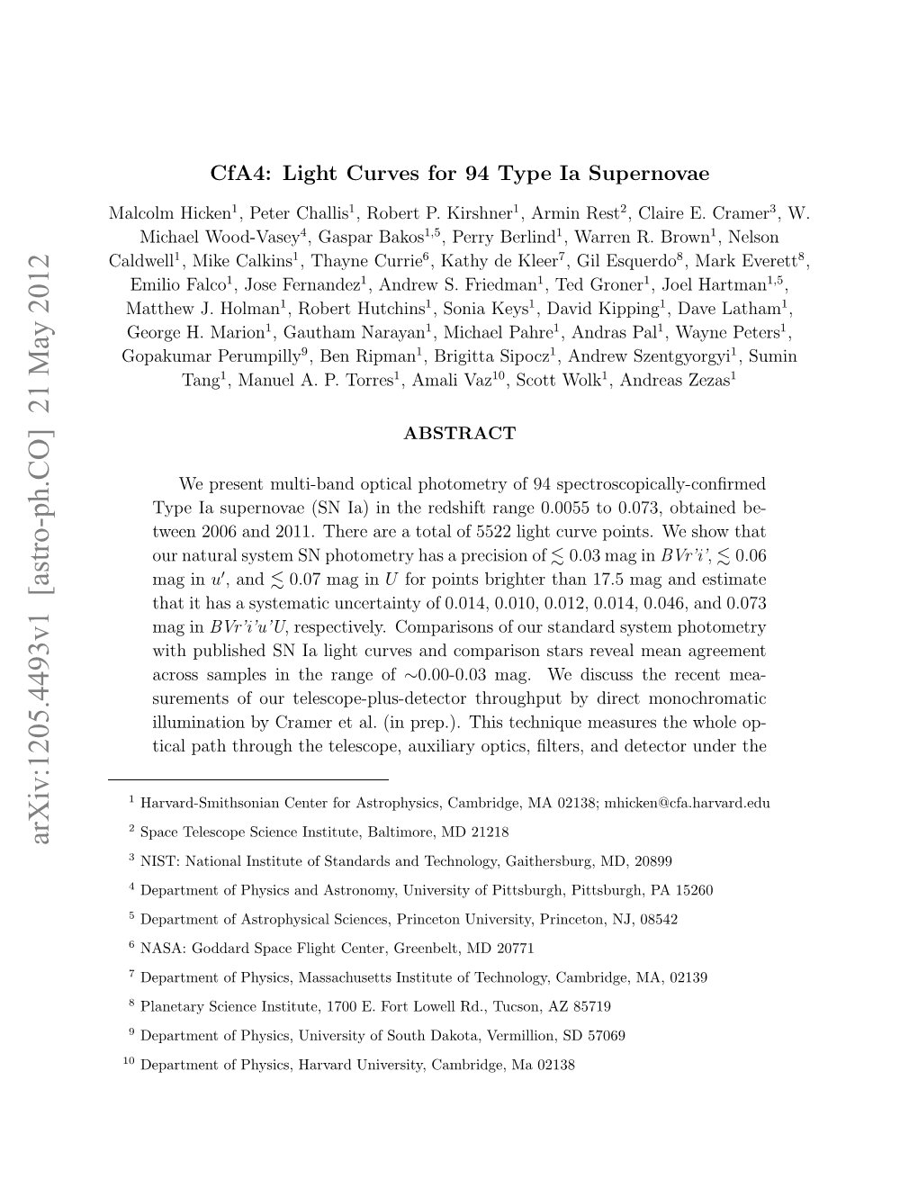 Cfa4: Light Curves for 94 Type Ia Supernovae