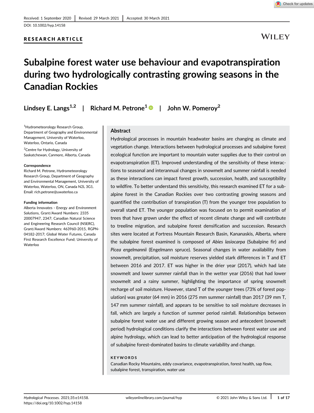 Subalpine Forest Water Use Behaviour and Evapotranspiration During Two Hydrologically Contrasting Growing Seasons in the Canadian Rockies