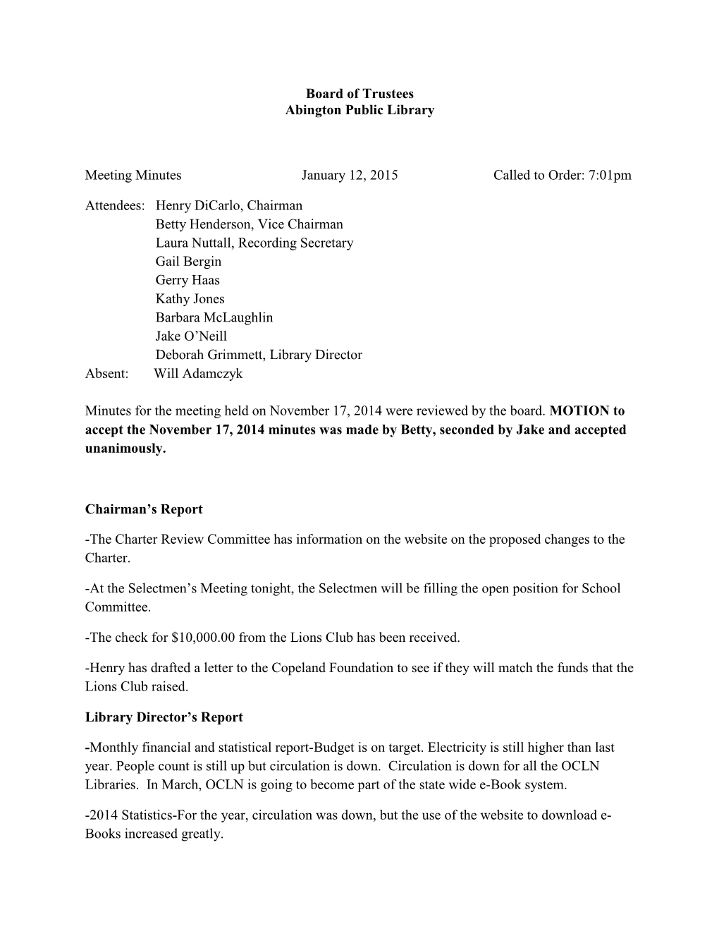 Board of Trustees Abington Public Library Meeting Minutes January 12
