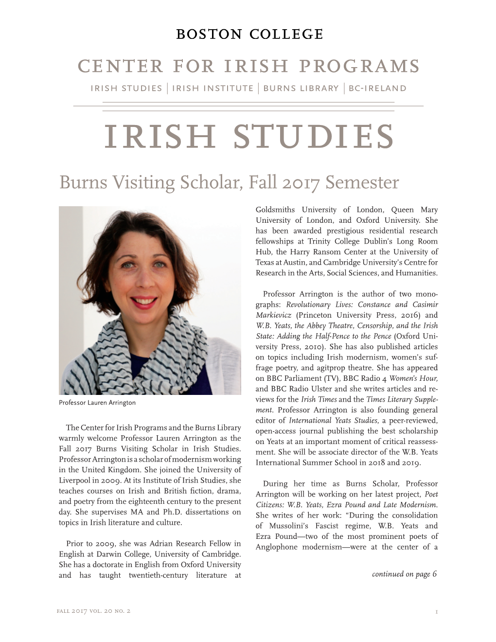 Irish Studies Irish Institute Burns Library Bc-Ireland Irish Studies Burns Visiting Scholar, Fall 2017 Semester