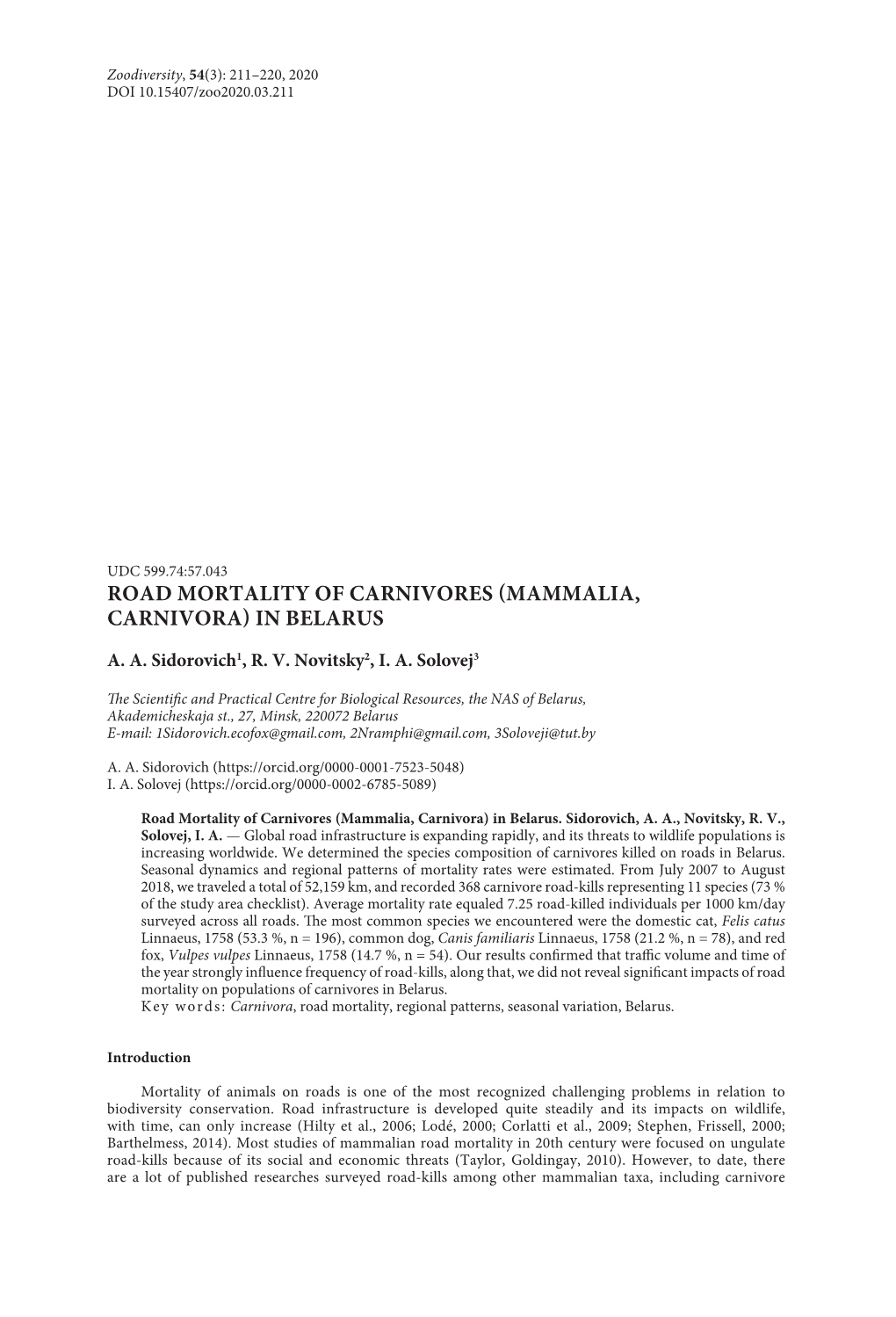 Road Mortality of Carnivores (Mammalia, Carnivora) in Belarus