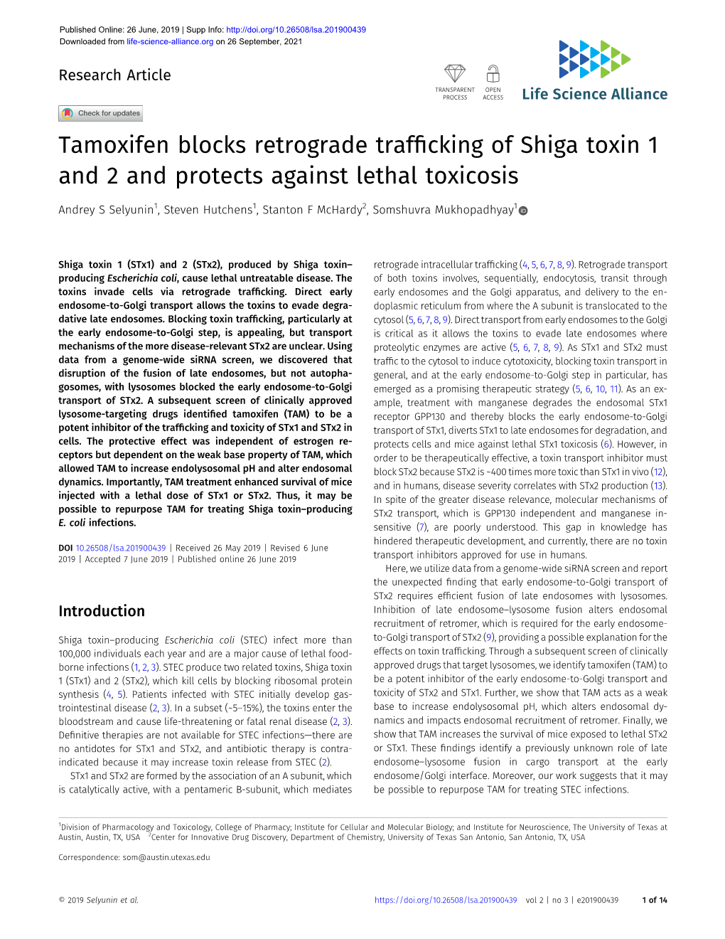Tamoxifen Blocks Retrograde Trafficking of Shiga Toxin 1 and 2