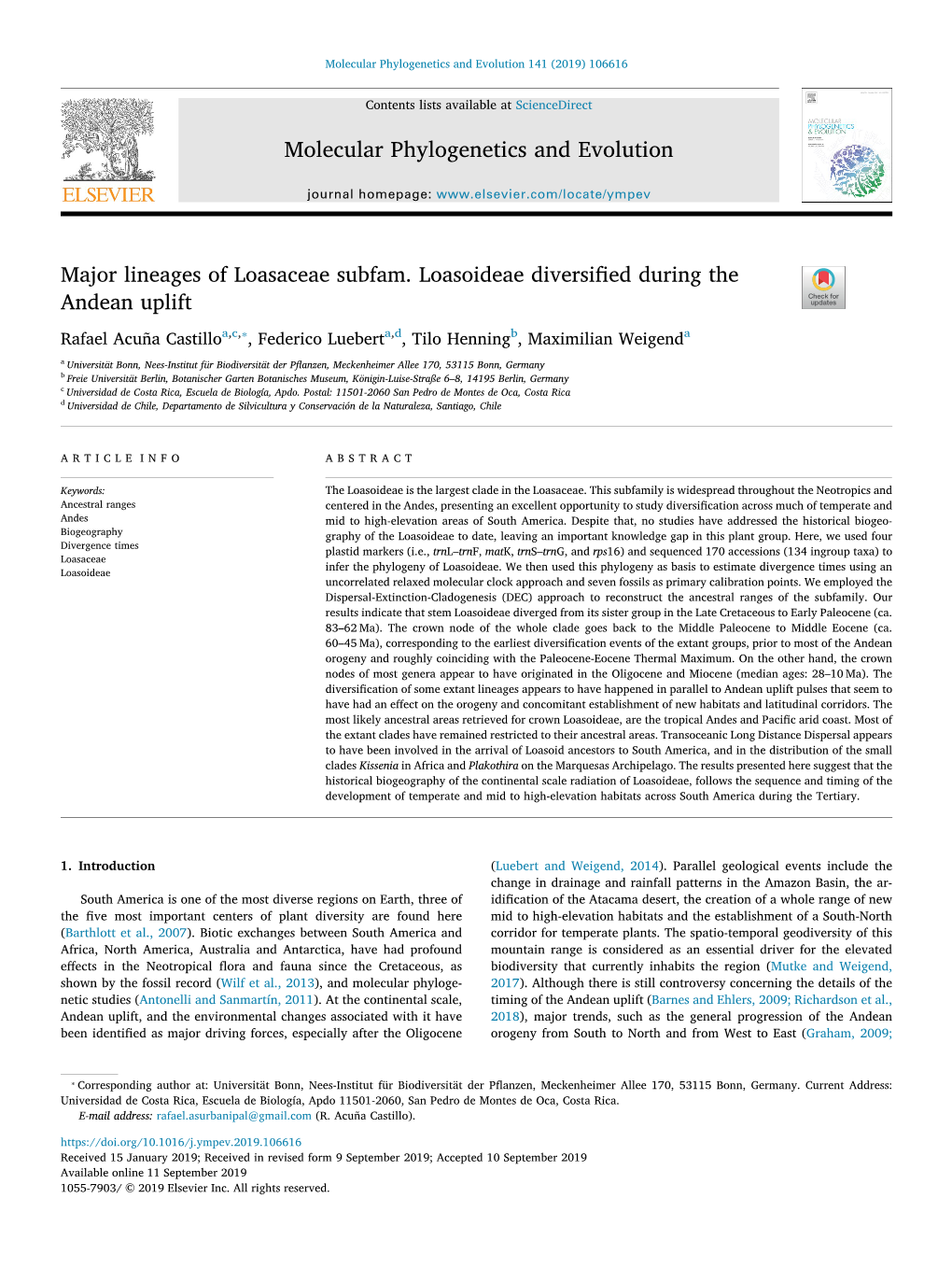 Major Lineages of Loasaceae Subfam. Loasoideae Diversified During the Andean Uplift