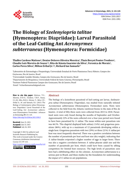 The Biology of Szelenyiopria Talitae (Hymenoptera: Diapriidae): Larval Parasitoid of the Leaf-Cutting Ant Acromyrmex Subterraneus (Hymenoptera: Formicidae)