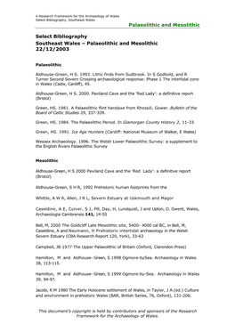 Palaeolithic and Mesolithic Select Bibliography Southeast Wales