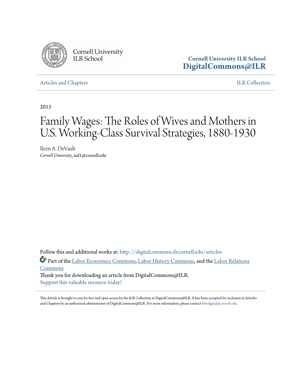 Family Wages: the Roles of Wives and Mothers in U.S