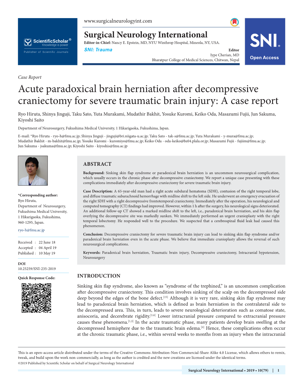 Acute Paradoxical Brain Herniation After Decompressive Craniectomy for Severe Traumatic Brain Injury