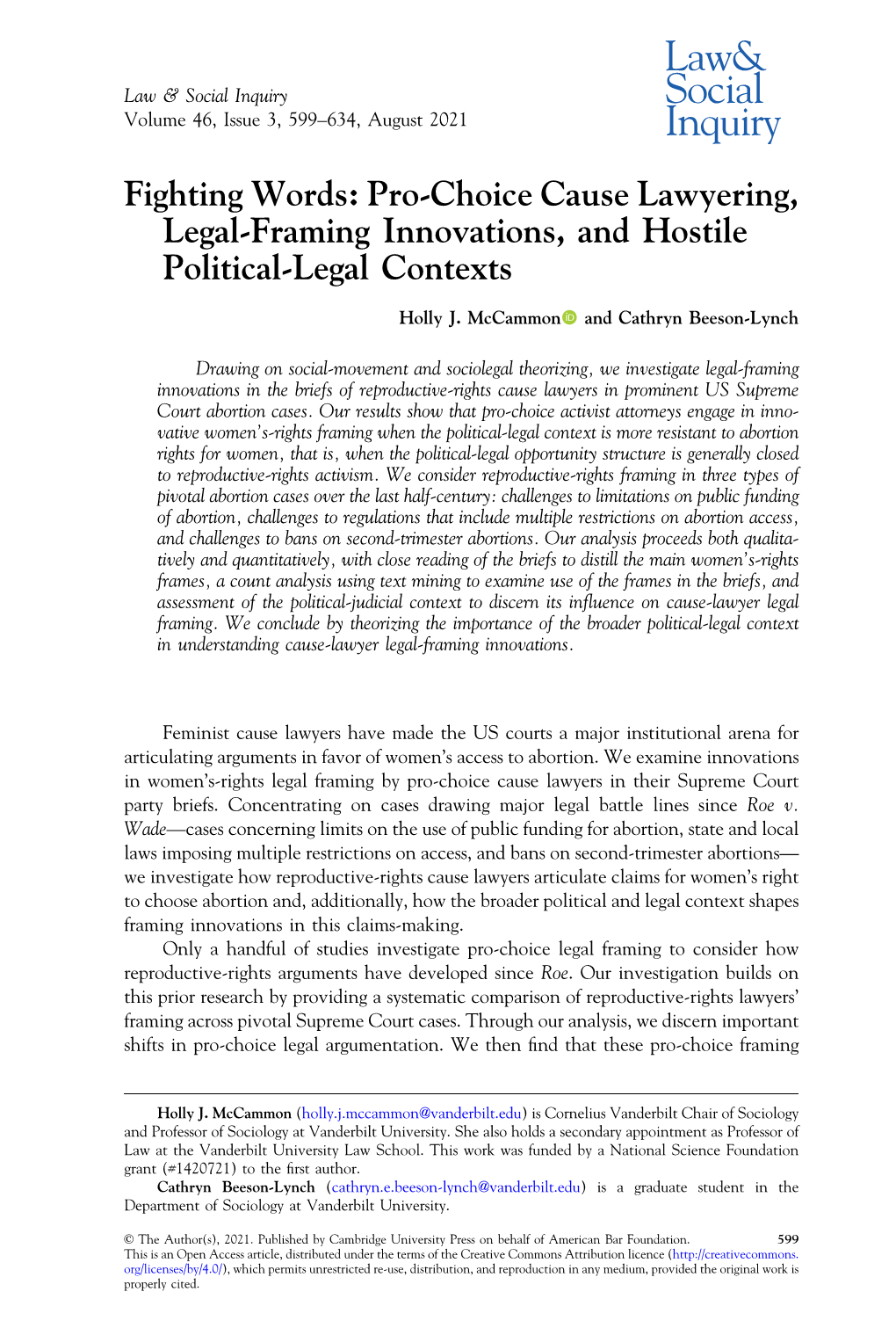 Fighting Words: Pro-Choice Cause Lawyering, Legal-Framing Innovations, and Hostile Political-Legal Contexts