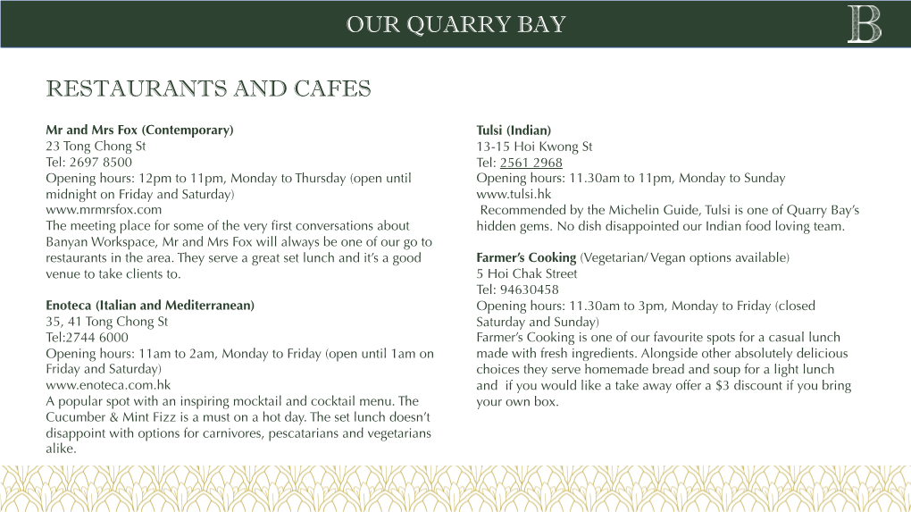 Our Quarry Bay Restaurants and Cafes
