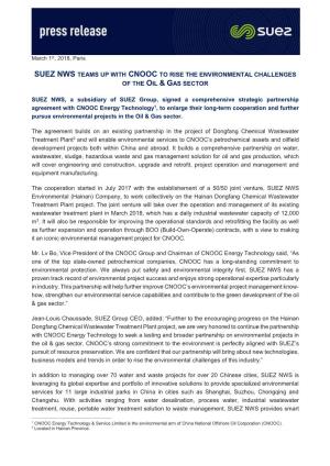 Suez Nws Teams up with Cnooc to Rise the Environmental Challenges of the Oil & Gas Sector