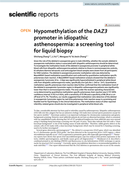 Hypomethylation of the DAZ3 Promoter in Idiopathic Asthenospermia: a Screening Tool for Liquid Biopsy Shichang Zhang1,3, Li Xu2,3, Mengyao Yu1 & Jiexin Zhang1*