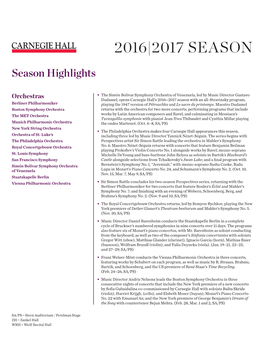 2016–2017 Season Highlights by Genre
