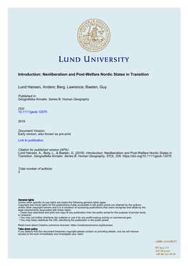 Neoliberalism and Post-Welfare Nordic States in Transition Lund