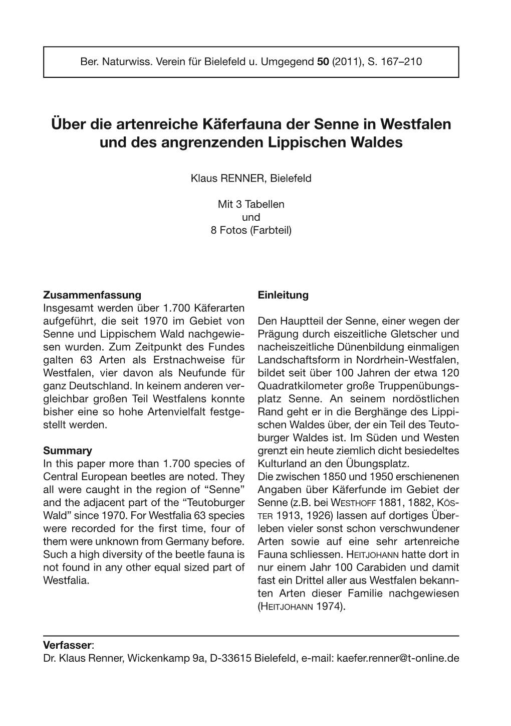 Über Die Artenreiche Käferfauna Der Senne in Westfalen Und Des Angrenzenden Lippischen Waldes