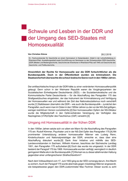 Schwule Und Lesben in Der DDR Und Der Umgang Des SED-Staates Mit Homosexualität