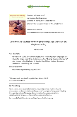 Documentary Sources on the Ngarigu Language: the Value of a Single Recording
