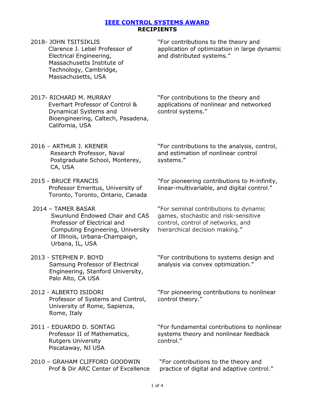 Ieee Control Systems Award Recipients