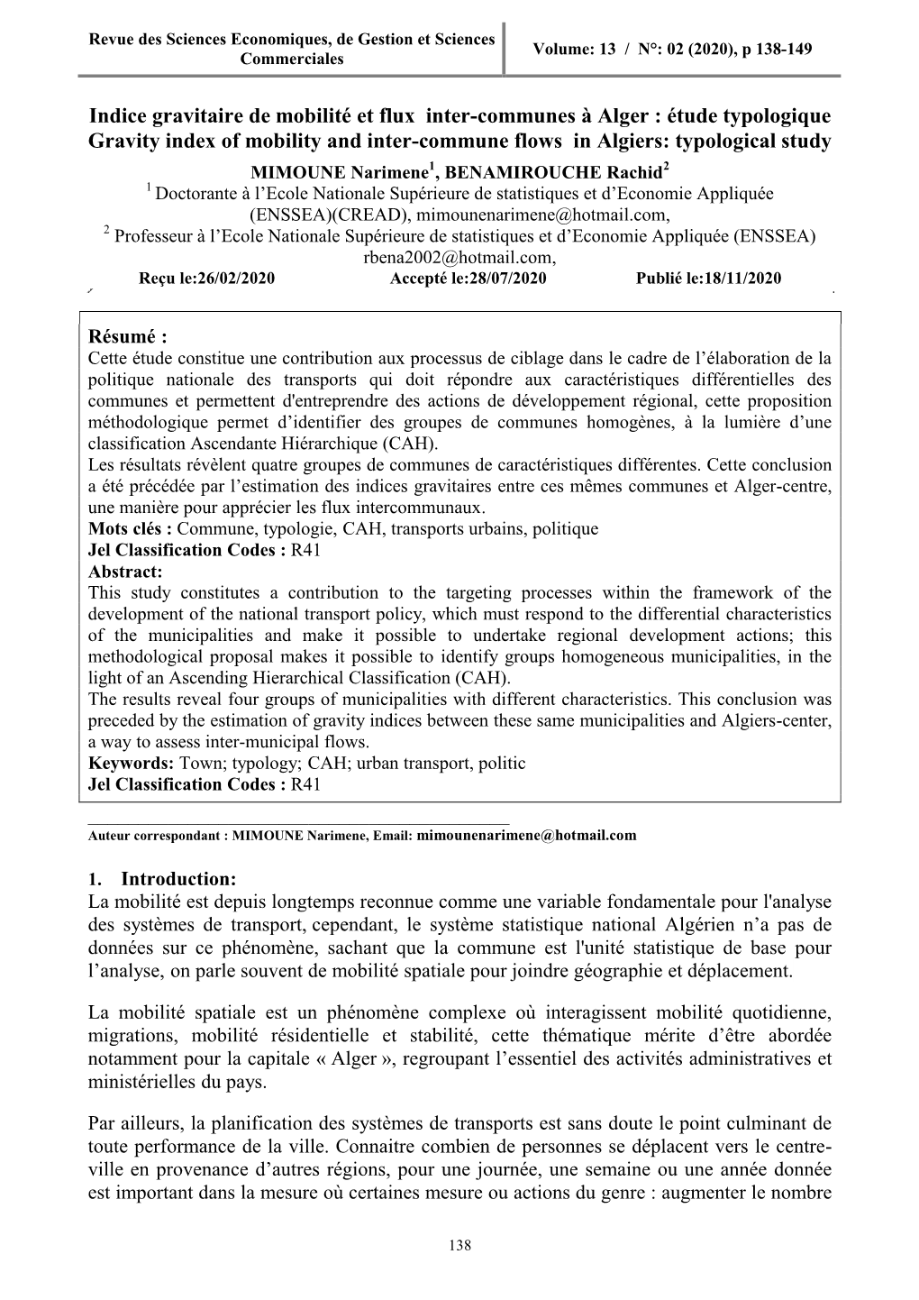 Indice Gravitaire De Mobilité Et Flux Inter-Communes À Alger : Étude Typologique Gravity Index of Mobility and Inter-Commune Flows in Algiers: Typological Study