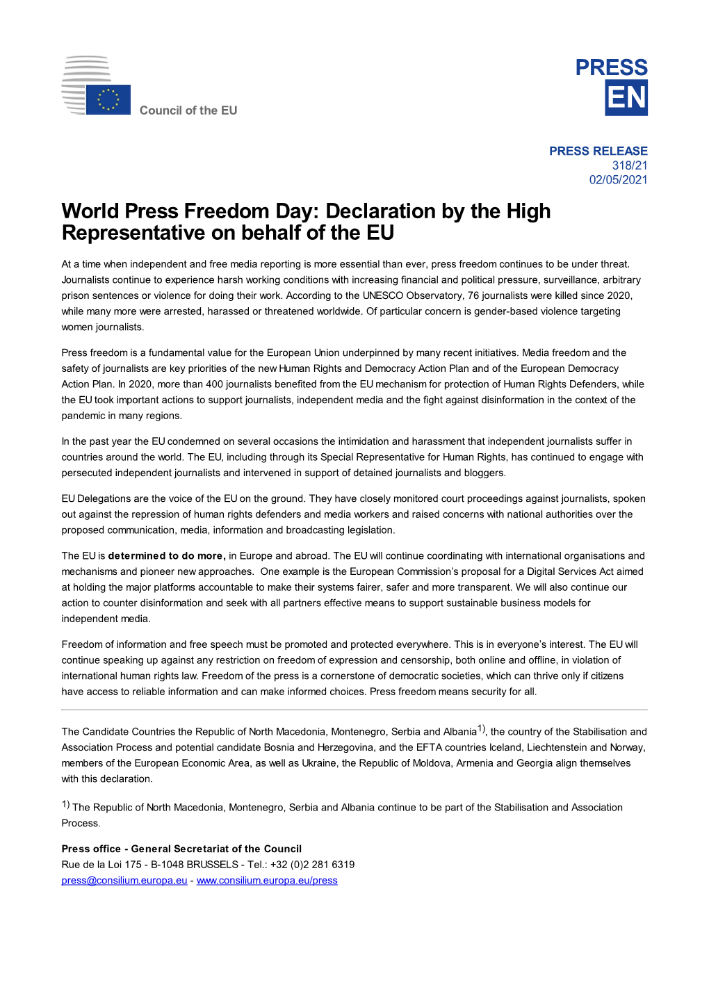 World Press Freedom Day: Declaration by the High Representative on Behalf of the EU