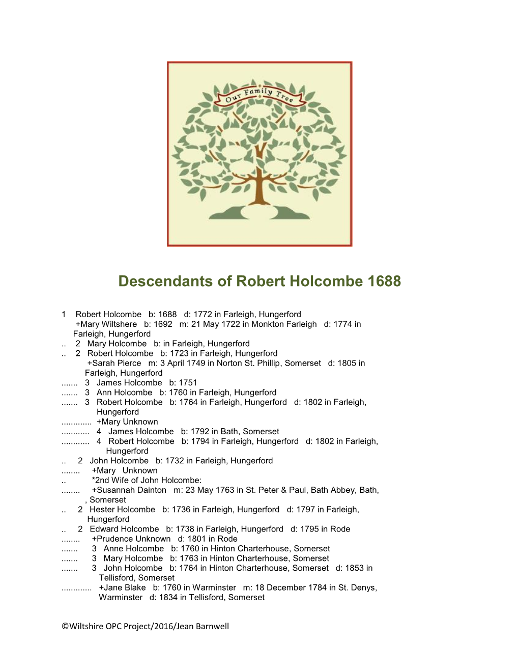 Descendants of Robert Holcombe 1688