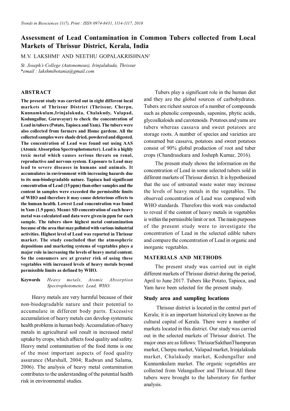 Assessment of Lead Contamination in Common Tubers Collected from Local Markets of Thrissur District, Kerala, India M.V