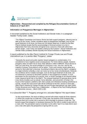 Afghanistan – Researched and Compiled by the Refugee Documentation Centre of Ireland on 27 April 2011