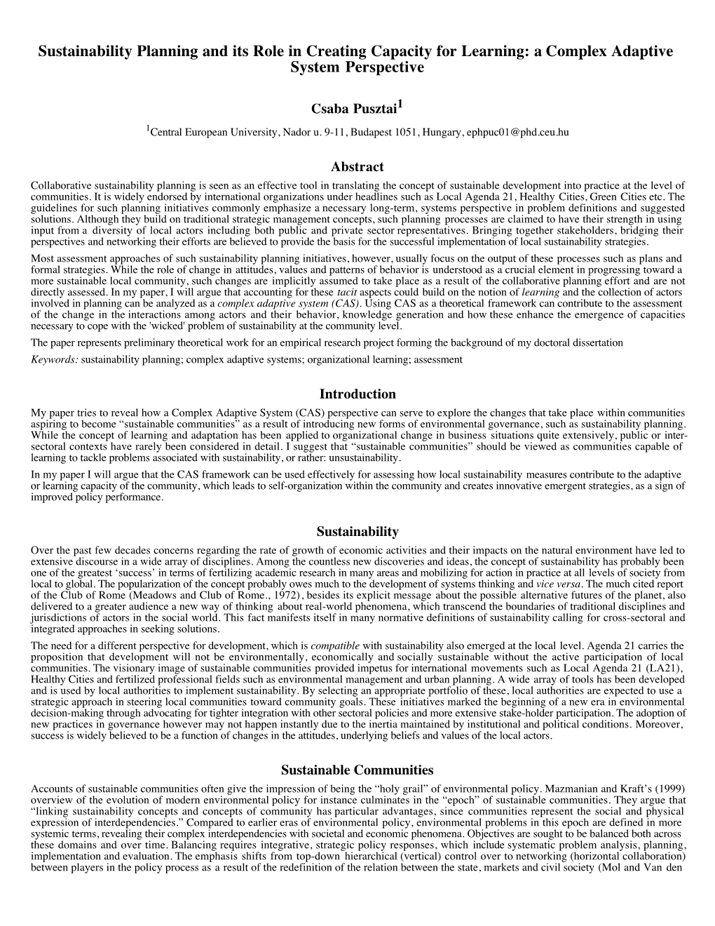 Sustainability Planning and Its Role in Creating Capacity for Learning: a Complex Adaptive System Perspective